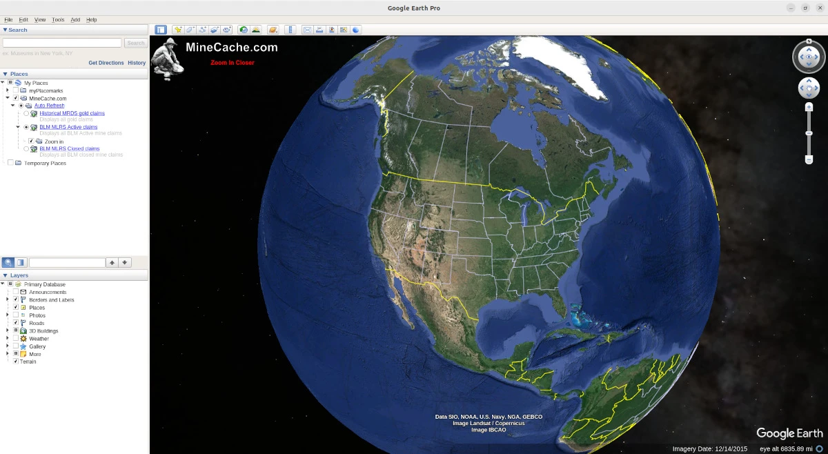 Google Earth Pro window showing MineCache Places folder with Gold Claim data