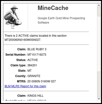 Google Earth Pro – Mine details popup with link to BLM MLRS report