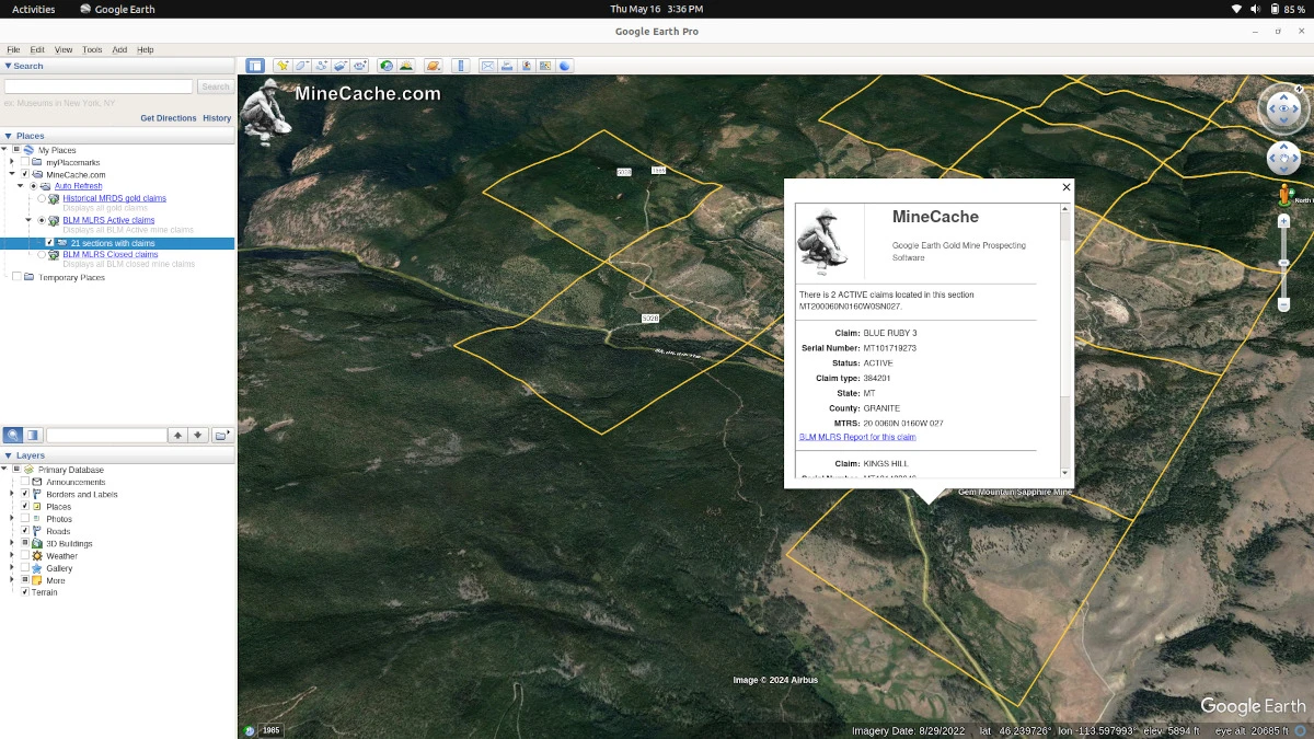 Google Earth Pro – Mine details popup with claim info
