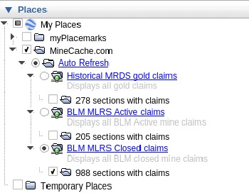Google Earth Pro – Places panel with MineCache folders