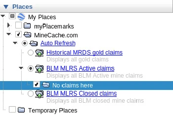 Google Earth Pro – Places panel with “No claims here” message