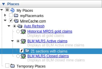 Google Earth Pro – Places panel showing sections with active claims