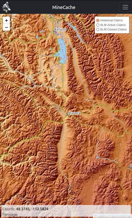 Layers panel in MineCache Webmap – historical, BLM active & closed claims