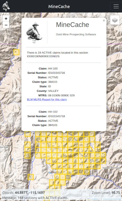 Popup window showing mine details – claim list and BLM report link