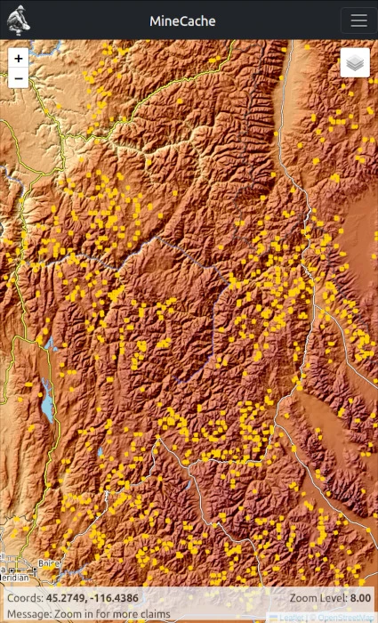 Zoom‑in prompt in MineCache Webmap – ‘Zoom in for more claims